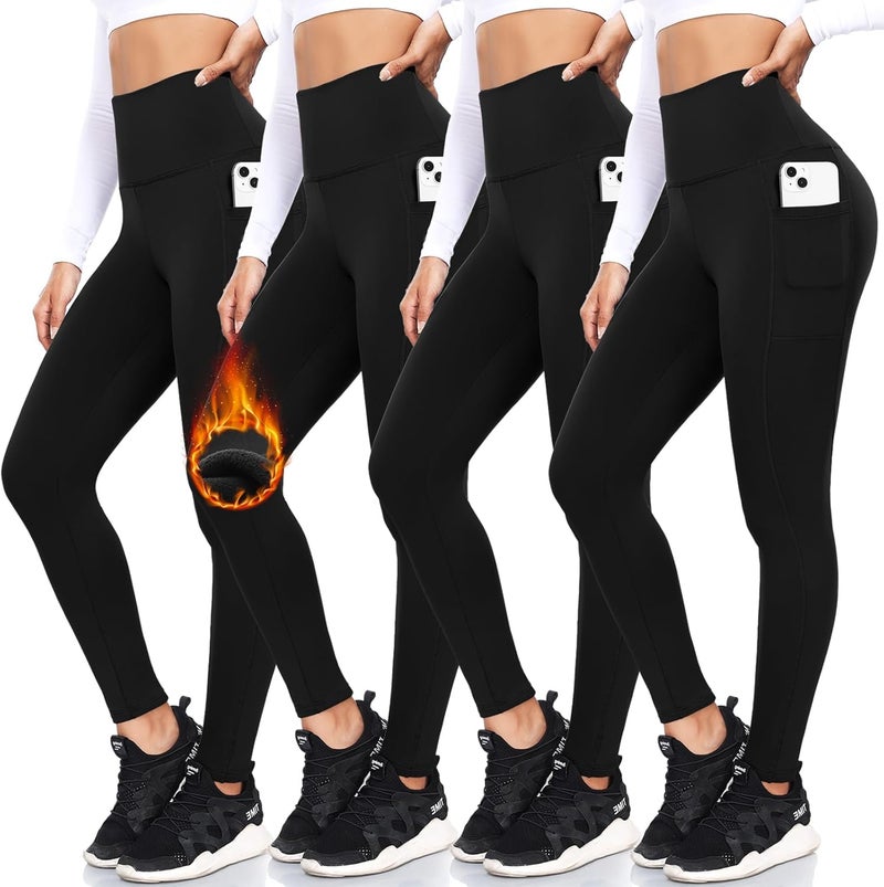 FULLSOFT 4 Pack Fleece Lined Leggings with Pockets for Women High Waisted Thermal Winter Warm Yoga Pants for Workout Running - Image 1